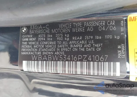 2006 BMW 330Ci from USA, damaged, VIN WBABW53416PZ41067